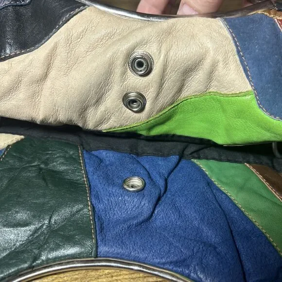 Patchwork Leather Purse Vintage Handmade Hong Kong Silver Tone Eye Arch Handle - Picture 9 of 14